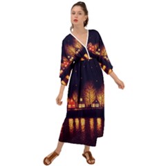 Night Houses River Bokeh Leaves Landscape Nature Grecian Style  Maxi Dress by Ravend