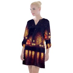 Night Houses River Bokeh Leaves Landscape Nature Open Neck Shift Dress by Ravend