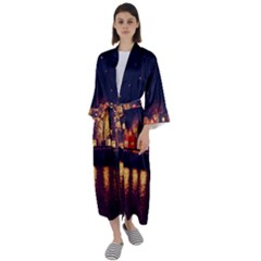 Night Houses River Bokeh Leaves Landscape Nature Maxi Satin Kimono by Ravend