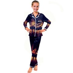 Night Houses River Bokeh Leaves Landscape Nature Kid s Satin Long Sleeve Pajamas Set by Ravend