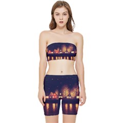 Night Houses River Bokeh Leaves Landscape Nature Stretch Shorts And Tube Top Set by Ravend