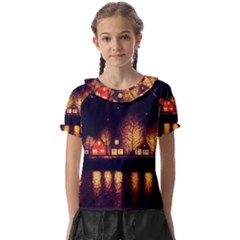 Night Houses River Bokeh Leaves Landscape Nature Kids  Frill Chiffon Blouse by Ravend