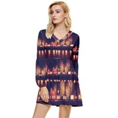 Night Houses River Bokeh Leaves Landscape Nature Tiered Long Sleeve Mini Dress by Ravend