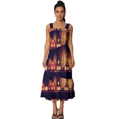 Night Houses River Bokeh Leaves Landscape Nature Square Neckline Tiered Midi Dress by Ravend