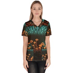 Mushroom Giant Explore 3d Women s V-neck Scrub Top