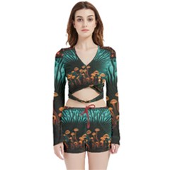 Mushroom Giant Explore 3d Velvet Wrap Crop Top And Shorts Set by Ravend