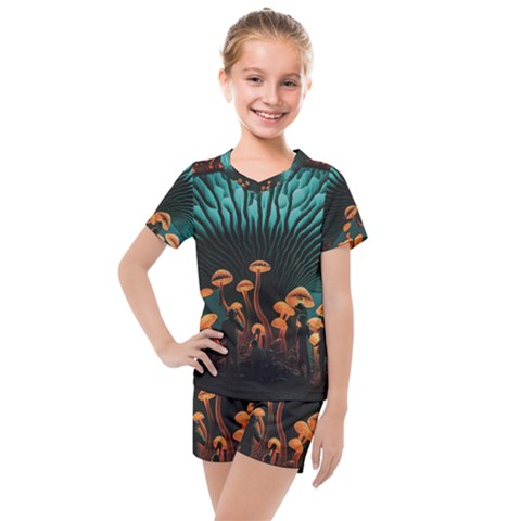 Mushroom Giant Explore 3d Kids  Mesh Tee And Shorts Set by Ravend