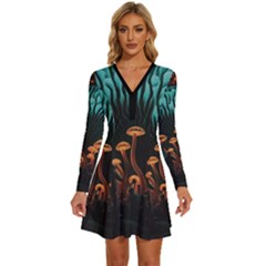 Mushroom Giant Explore 3d Long Sleeve Deep V Mini Dress  by Ravend