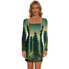 Ai Generated Soil Forest Crisis Nature Long Sleeve Square Neck Bodycon Velvet Dress by Ravend