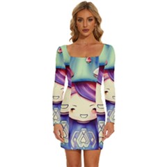 Liberty Cap Sacred Mushroom Charm Long Sleeve Square Neck Bodycon Velvet Dress by GardenOfOphir