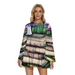 Liberty Cap Magic Mushroom Charm Round Neck Long Sleeve Bohemian Style Chiffon Mini Dress