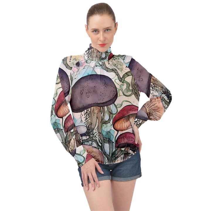 Shroom Magic Mushroom Charm High Neck Long Sleeve Chiffon Top