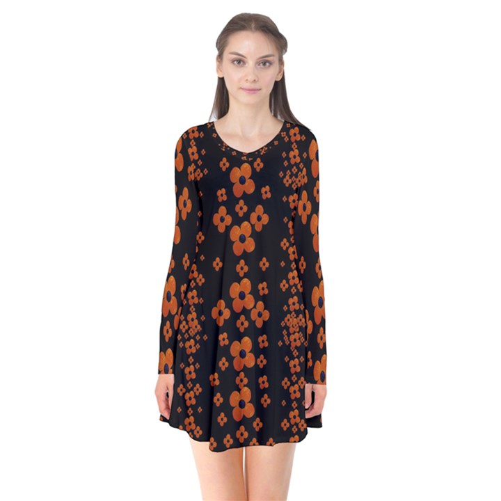 Oil Painted Bloom Brighten Up In The Night Long Sleeve V-neck Flare Dress