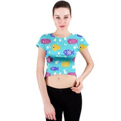 Fish Graphic Seamless Pattern Seamless Pattern Crew Neck Crop Top