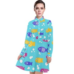 Fish Graphic Seamless Pattern Seamless Pattern Long Sleeve Chiffon Shirt Dress