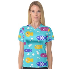 Fish Graphic Seamless Pattern Seamless Pattern V-Neck Sport Mesh Tee