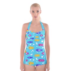 Fish Graphic Seamless Pattern Seamless Pattern Boyleg Halter Swimsuit 