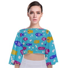 Fish Graphic Seamless Pattern Seamless Pattern Tie Back Butterfly Sleeve Chiffon Top by Ravend