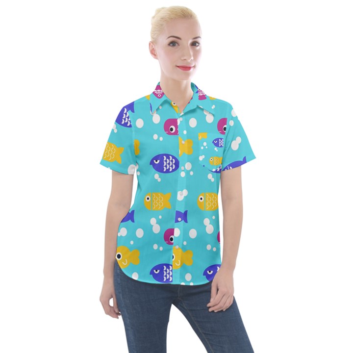 Fish Graphic Seamless Pattern Seamless Pattern Women s Short Sleeve Pocket Shirt