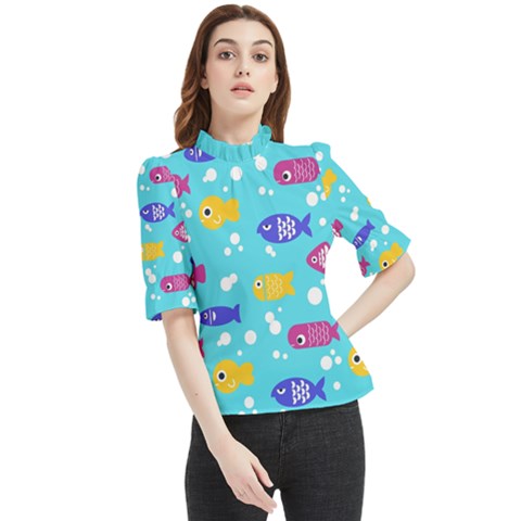 Fish Graphic Seamless Pattern Seamless Pattern Frill Neck Blouse by Ravend