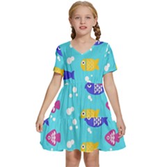 Fish Graphic Seamless Pattern Seamless Pattern Kids  Short Sleeve Tiered Mini Dress by Ravend