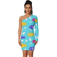 Fish Graphic Seamless Pattern Seamless Pattern Long Sleeve One Shoulder Mini Dress by Ravend