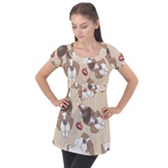 Beagle Satin Short Sleeve Pajamas Set Puff Sleeve Tunic Top