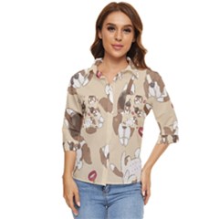 Beagel150dpi Patternbeagle8x8cm Women s Quarter Sleeve Pocket Shirt