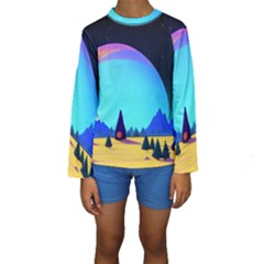 Ai Generated Trees Stars Planets Dreamlike Sun Kids  Long Sleeve Swimwear by Ravend