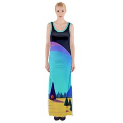 Ai Generated Trees Stars Planets Dreamlike Sun Thigh Split Maxi Dress by Ravend