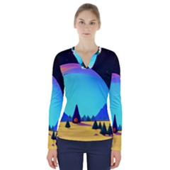 Ai Generated Trees Stars Planets Dreamlike Sun V-neck Long Sleeve Top by Ravend