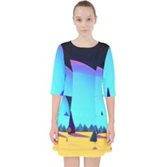 Ai Generated Trees Stars Planets Dreamlike Sun Quarter Sleeve Pocket Dress by Ravend