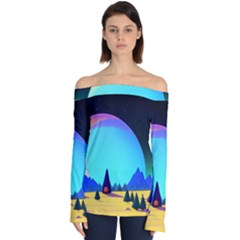 Ai Generated Trees Stars Planets Dreamlike Sun Off Shoulder Long Sleeve Top by Ravend