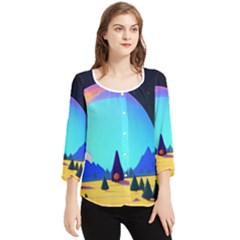 Ai Generated Trees Stars Planets Dreamlike Sun Chiffon Quarter Sleeve Blouse by Ravend