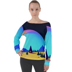 Ai Generated Trees Stars Planets Dreamlike Sun Off Shoulder Long Sleeve Velour Top by Ravend