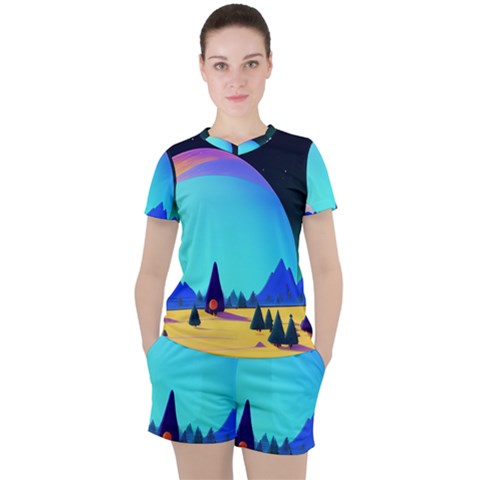 Ai Generated Trees Stars Planets Dreamlike Sun Women s Tee And Shorts Set by Ravend