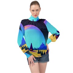 Ai Generated Trees Stars Planets Dreamlike Sun High Neck Long Sleeve Chiffon Top by Ravend