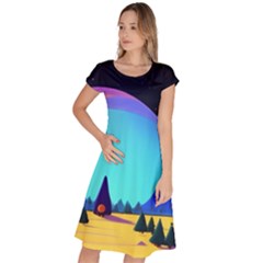 Ai Generated Trees Stars Planets Dreamlike Sun Classic Short Sleeve Dress by Ravend