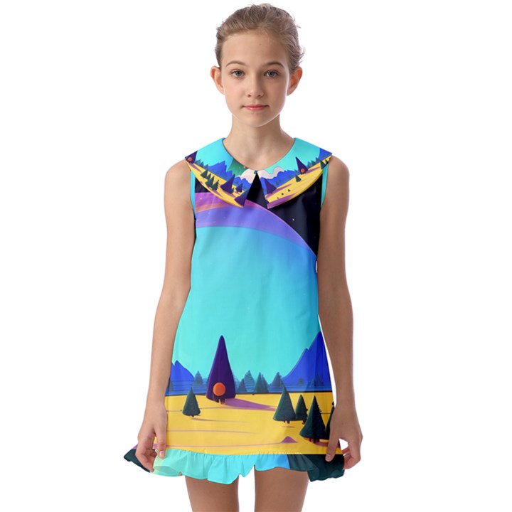 Ai Generated Trees Stars Planets Dreamlike Sun Kids  Pilgrim Collar Ruffle Hem Dress