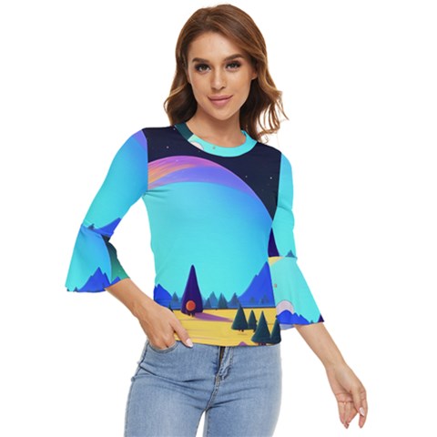 Ai Generated Trees Stars Planets Dreamlike Sun Bell Sleeve Top by Ravend