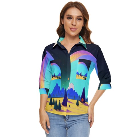 Ai Generated Trees Stars Planets Dreamlike Sun Women s Quarter Sleeve Pocket Shirt by Ravend