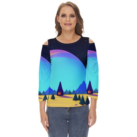 Ai Generated Trees Stars Planets Dreamlike Sun Cut Out Wide Sleeve Top by Ravend