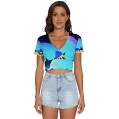 Ai Generated Trees Stars Planets Dreamlike Sun V-neck Crop Top by Ravend