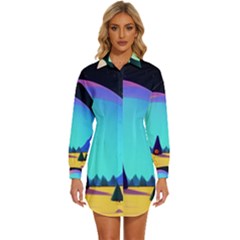 Ai Generated Trees Stars Planets Dreamlike Sun Womens Long Sleeve Shirt Dress