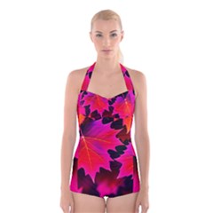 Leaves Purple Autumn Evening Sun Abstract Boyleg Halter Swimsuit  by Ravend