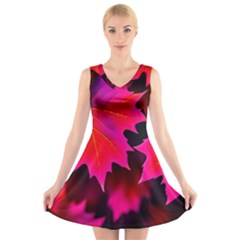 Leaves Purple Autumn Evening Sun Abstract V-neck Sleeveless Dress by Ravend