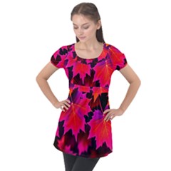 Leaves Purple Autumn Evening Sun Abstract Puff Sleeve Tunic Top by Ravend