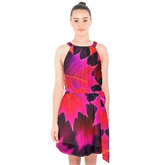 Leaves Purple Autumn Evening Sun Abstract Halter Collar Waist Tie Chiffon Dress by Ravend