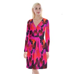 Leaves Purple Autumn Evening Sun Abstract Long Sleeve Velvet Front Wrap Dress by Ravend