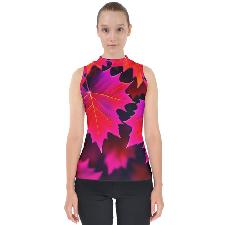 Leaves Purple Autumn Evening Sun Abstract Mock Neck Shell Top